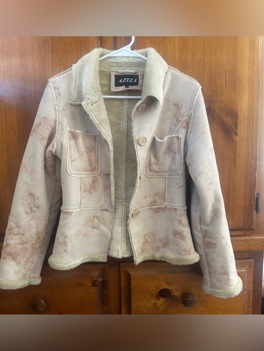 Aziza Cream Teddy Jacket with Distressed Accents